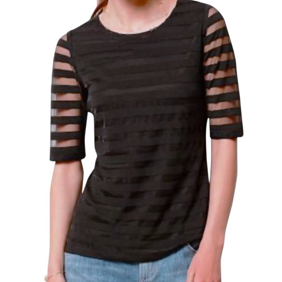 Anthropologie Tops - 🌺SOLD ON BAY🌺 Anthropologie Stripe Mesh Tee Small 2 4 Black Lined Short Sleeves